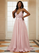 A-Line/Princess Tulle Applique V-neck Sleeveless Sweep/Brush Train Dresses