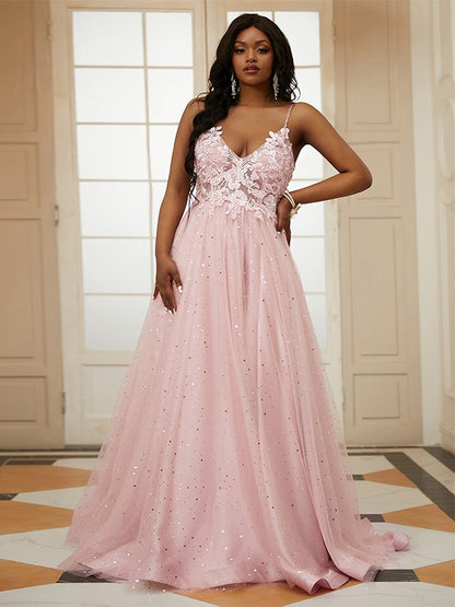 A-Line/Princess Tulle Applique V-neck Sleeveless Sweep/Brush Train Dresses