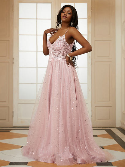 A-Line/Princess Tulle Applique V-neck Sleeveless Sweep/Brush Train Dresses