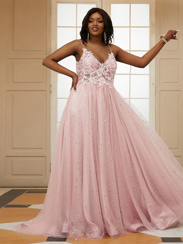 A-Line/Princess Tulle Applique V-neck Sleeveless Sweep/Brush Train Dresses