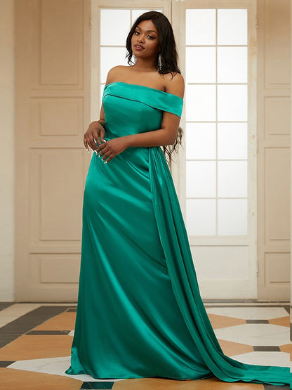 Sheath/Column Silk like Satin Ruffles Off-the-Shoulder Sleeveless Sweep/Brush Train Dresses