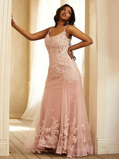 Sheath/Column Tulle Applique Straps Sleeveless Sweep/Brush Train Dresses