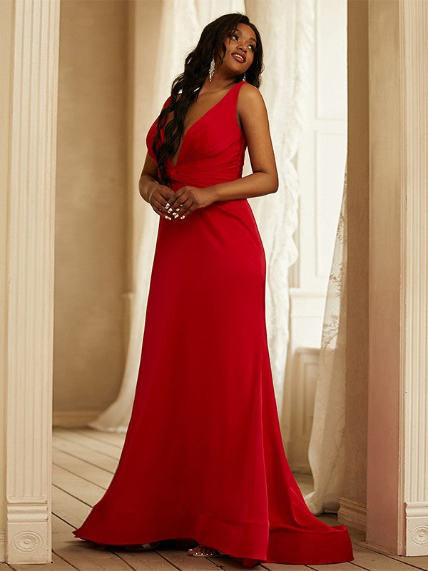 Sheath/Column Satin Ruched V-neck Sleeveless Sweep/Brush Train Dresses