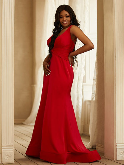 Sheath/Column Satin Ruched V-neck Sleeveless Sweep/Brush Train Dresses