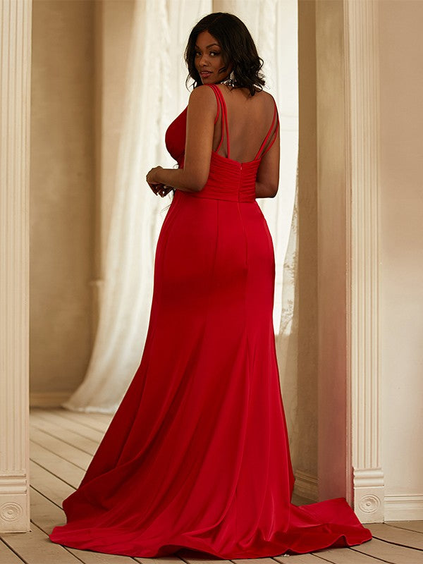 Sheath/Column Satin Ruched V-neck Sleeveless Sweep/Brush Train Dresses