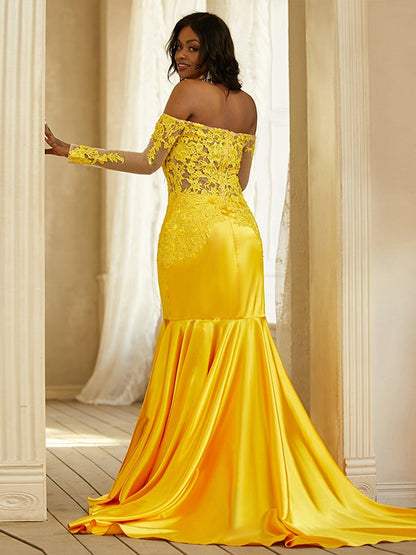 Trumpet/Mermaid  Woven Satin Applique Off-the-Shoulder Long Sleeves Sweep/Brush Train Dresses