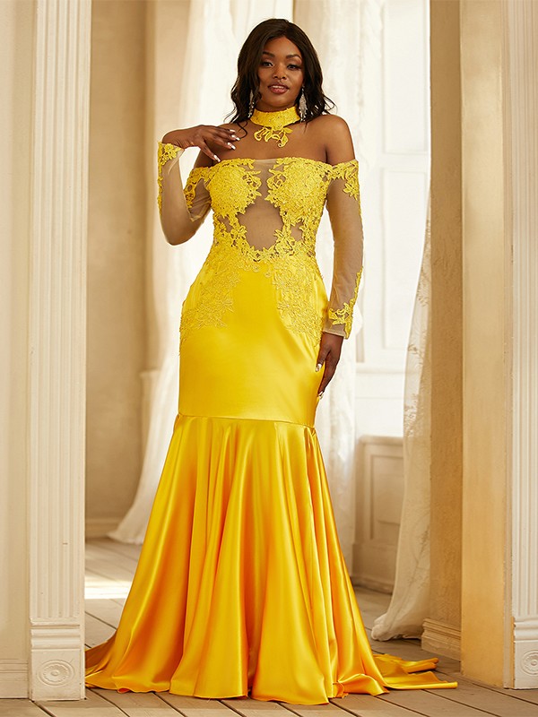 Trumpet/Mermaid  Woven Satin Applique Off-the-Shoulder Long Sleeves Sweep/Brush Train Dresses