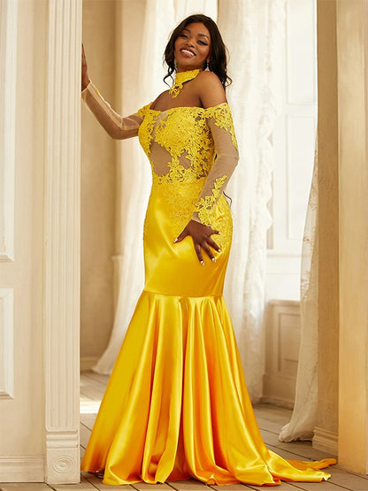 Trumpet/Mermaid  Woven Satin Applique Off-the-Shoulder Long Sleeves Sweep/Brush Train Dresses