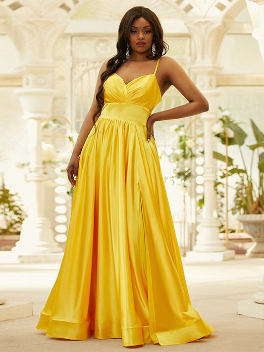 A-Line/Princess Silk like Satin Ruffles V-neck Sleeveless Floor-Length Dresses