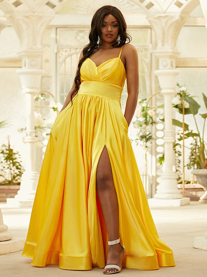 A-Line/Princess Silk like Satin Ruffles V-neck Sleeveless Floor-Length Dresses