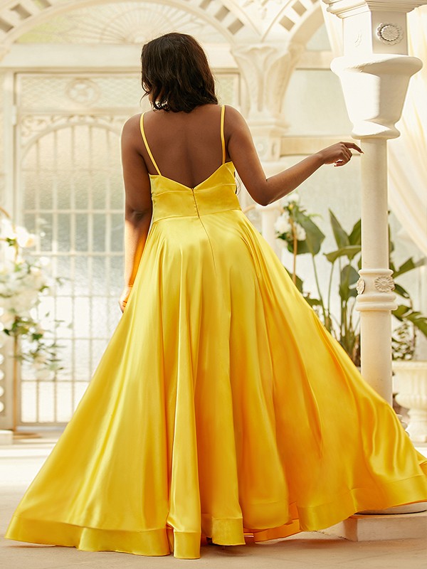 A-Line/Princess Silk like Satin Ruffles V-neck Sleeveless Floor-Length Dresses