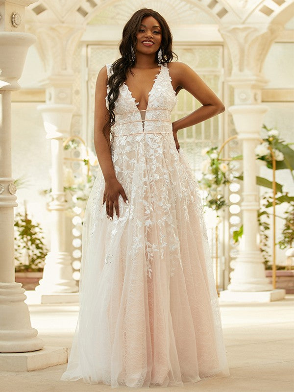 A-Line/Princess Tulle Applique V-neck Sleeveless Floor-Length Dresses