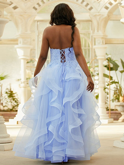 A-Line/Princess Tulle Applique Halter Sleeveless Floor-Length Dresses