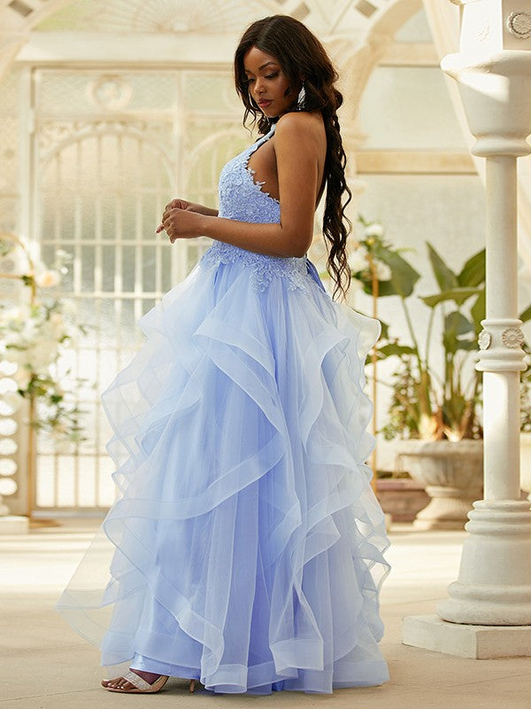 A-Line/Princess Tulle Applique Halter Sleeveless Floor-Length Dresses