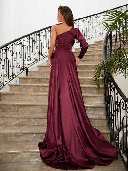 Sheath/Column  Woven Satin Ruched One-Shoulder Long Sleeves Sweep/Brush Train Dresses