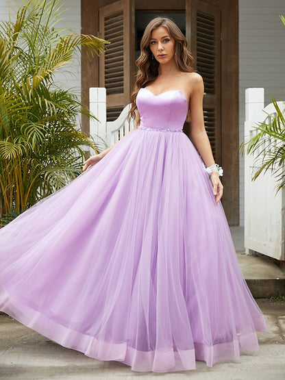 A-Line/Princess Tulle Ruffles Sweetheart Sleeveless Floor-Length Dresse