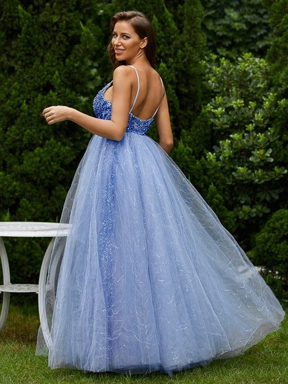 A-Line/Princess Sequins Ruffles V-neck Sleeveless Floor-Length Dresses