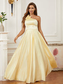 A-Line/Princess Satin Hand-Made Flower One-Shoulder Sleeveless Floor-Length Dresses