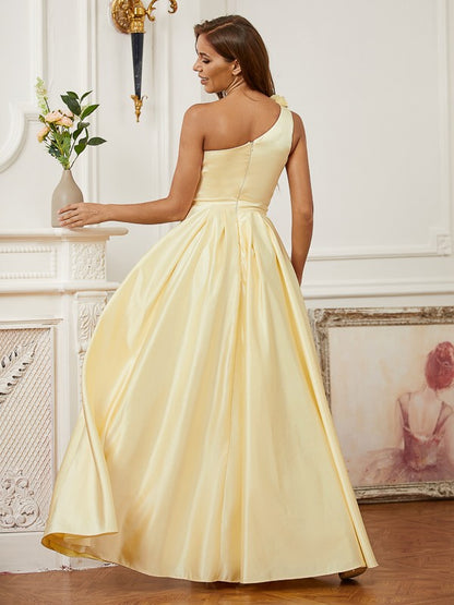 A-Line/Princess Satin Hand-Made Flower One-Shoulder Sleeveless Floor-Length Dresses