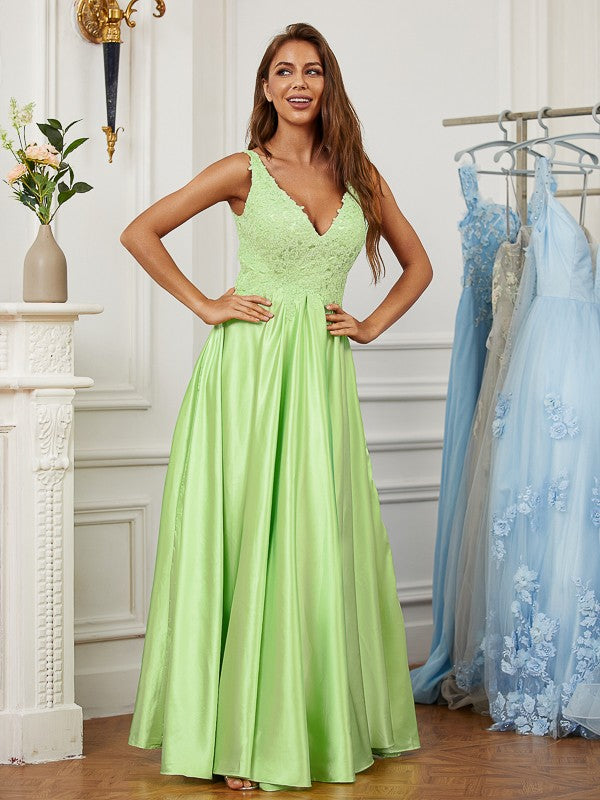 A-Line/Princess  Woven Satin Lace V-neck Sleeveless Floor-Length Dresses