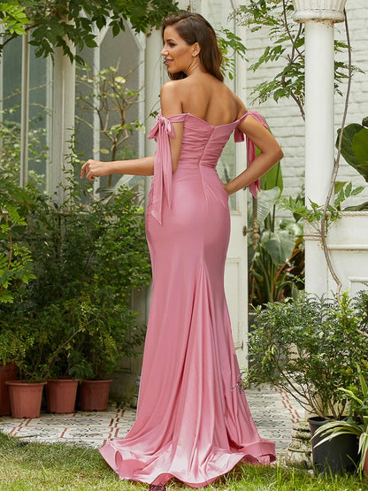 Sheath/Column Jersey Ruched Off-the-Shoulder Sleeveless Sweep/Brush Train Bridesmaid Dresses