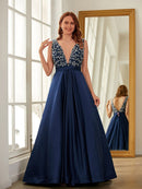 A-Line/Princess Satin Beading V-neck Sleeveless Sweep/Brush Train Dresses