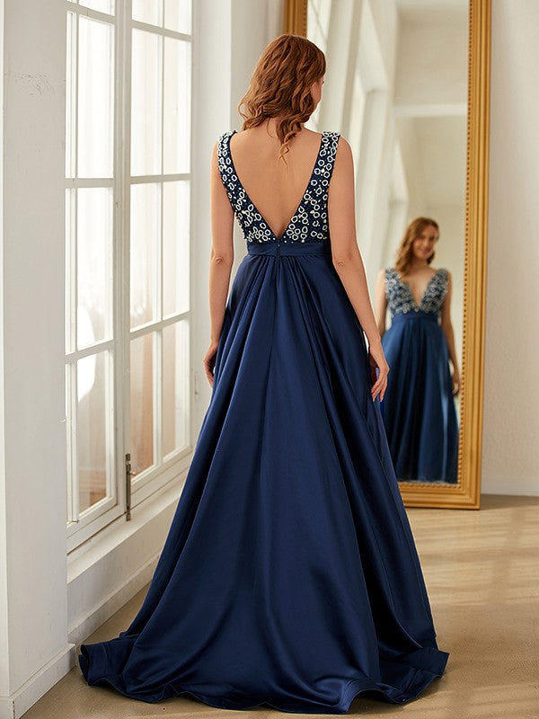 A-Line/Princess Satin Beading V-neck Sleeveless Sweep/Brush Train Dresses