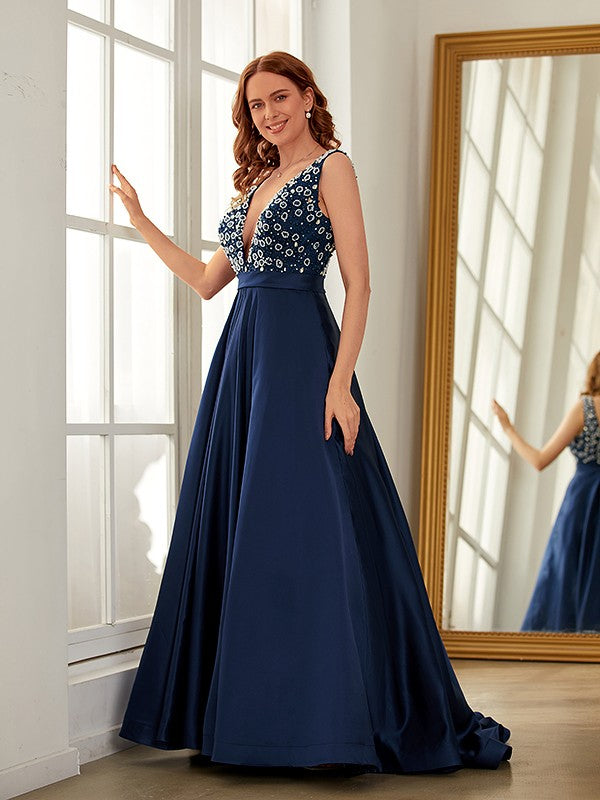 A-Line/Princess Satin Beading V-neck Sleeveless Sweep/Brush Train Dresses