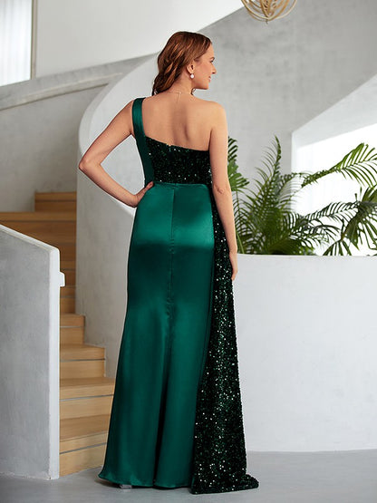 Sheath/Column Velvet Sequins Ruched One-Shoulder Sleeveless Floor-Length Dresses