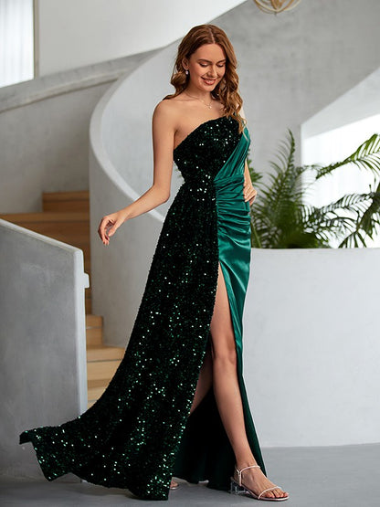 Sheath/Column Velvet Sequins Ruched One-Shoulder Sleeveless Floor-Length Dresses