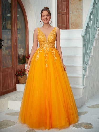 A-Line/Princess Tulle Applique V-neck Sleeveless Floor-Length Dresses