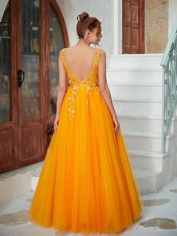 A-Line/Princess Tulle Applique V-neck Sleeveless Floor-Length Dresses