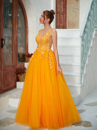 A-Line/Princess Tulle Applique V-neck Sleeveless Floor-Length Dresses