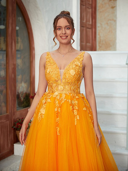 A-Line/Princess Tulle Applique V-neck Sleeveless Floor-Length Dresses