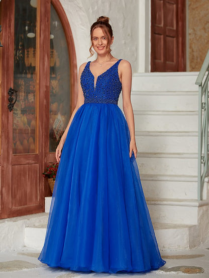 A-Line/Princess Organza Beading V-neck Sleeveless Floor-Length Dresses