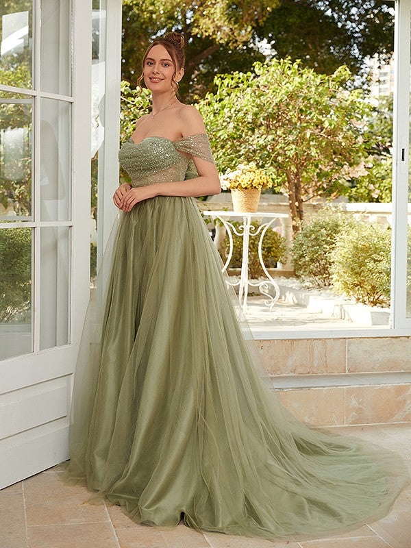 A-Line/Princess Tulle Ruched Off-the-Shoulder Sleeveless Court Train Dresses