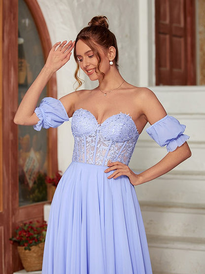 A-Line/Princess Chiffon Lace Sweetheart Short Sleeves Floor-Length Dresses