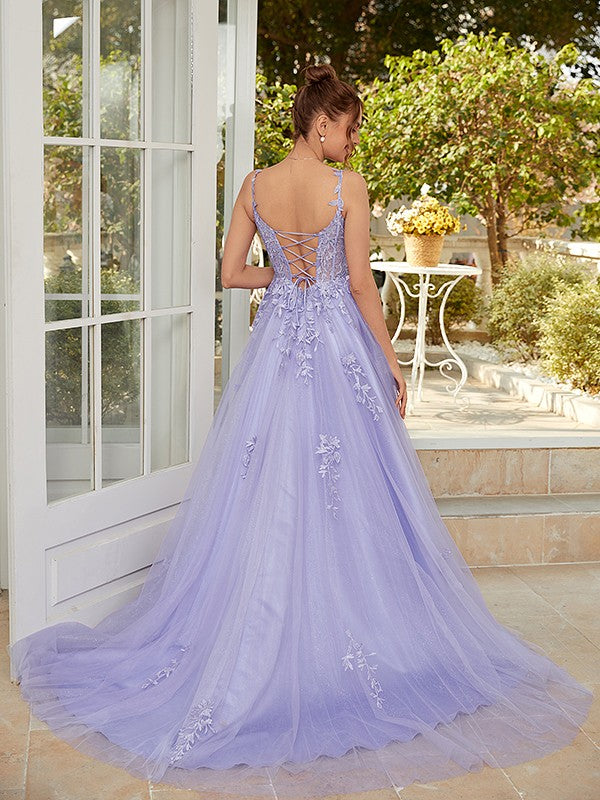 A-Line/Princess Tulle Applique Straps Sleeveless Court Train Dresses