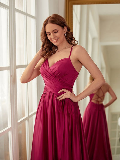 A-Line/Princess NS  Woven Satin Ruched V-neck Sleeveless Sweep/Brush Train Dresses