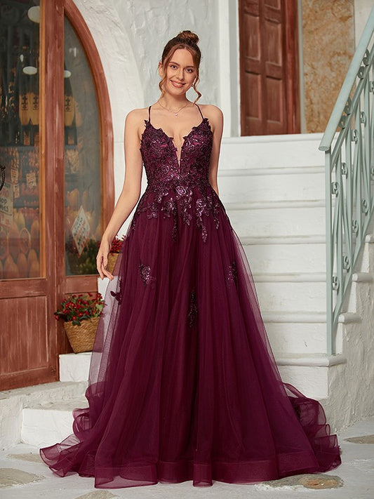 A-Line/Princess Tulle Applique V-neck Sleeveless Court Train Dresses