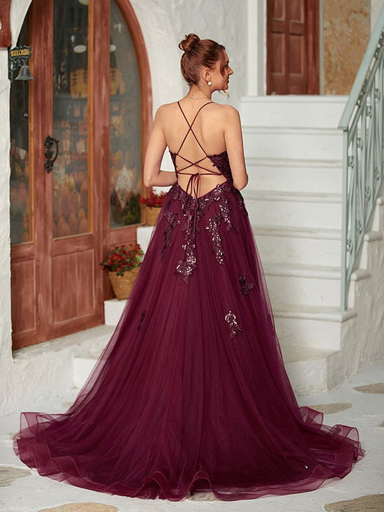 A-Line/Princess Tulle Applique V-neck Sleeveless Court Train Wedding Dresses
