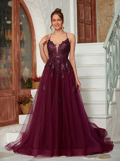 A-Line/Princess Tulle Applique V-neck Sleeveless Court Train Dresses