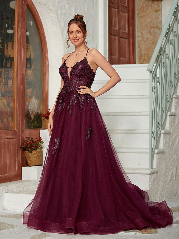 A-Line/Princess Tulle Applique V-neck Sleeveless Court Train Dresses