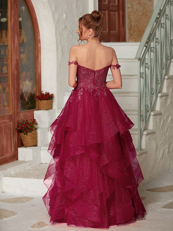 A-Line/Princess Applique Off-the-Shoulder Sleeveless Floor-Length Dresses