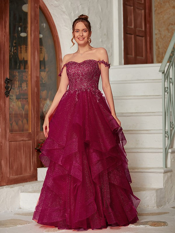 A-Line/Princess Applique Off-the-Shoulder Sleeveless Floor-Length Dresses