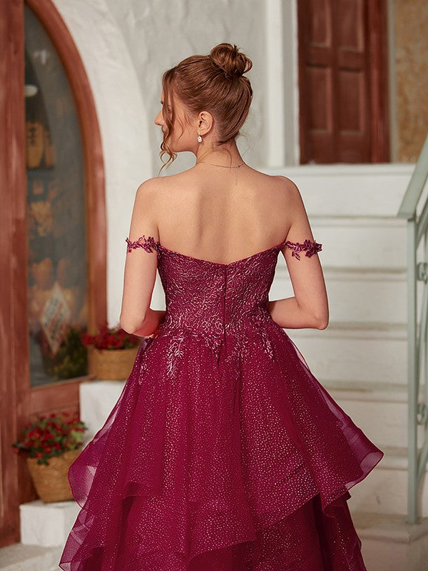 A-Line/Princess Applique Off-the-Shoulder Sleeveless Floor-Length Dresses