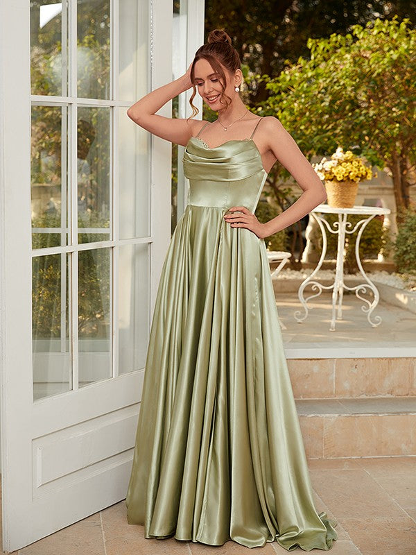 A-Line/Princess Silk like Satin Ruched Spaghetti Straps Sleeveless Sweep/Brush Train Dresses