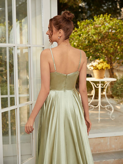 A-Line/Princess Silk like Satin Ruched Spaghetti Straps Sleeveless Sweep/Brush Train Dresses