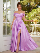 A-Line/Princess NS  Woven Satin Ruched Off-the-Shoulder Sleeveless Floor-Length Dresses