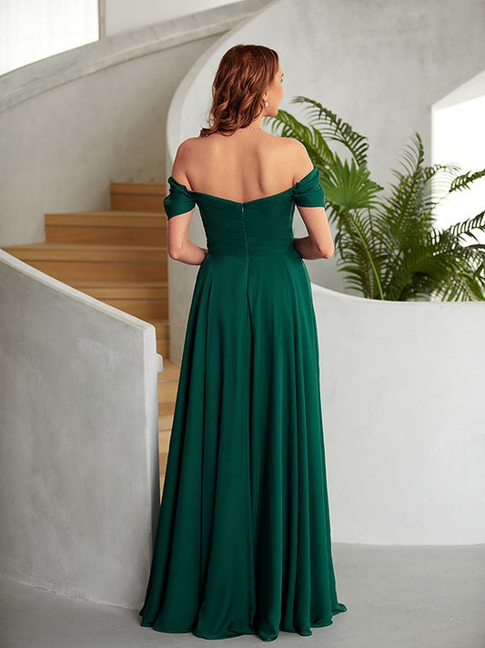 A-Line/Princess 30D Chiffon Ruched Off-the-Shoulder Sleeveless Floor-Length Dresses